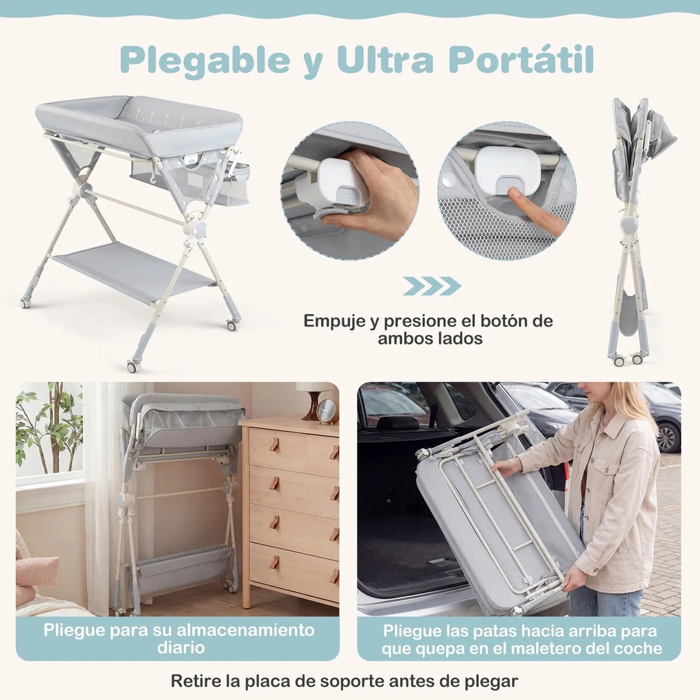 Mudador fraldas dobrável com banheira, 3 alturas ajustáveis, rodas com travão, brinquedos e espaço de arrumação, portátil para recém-nascidos, cinzent