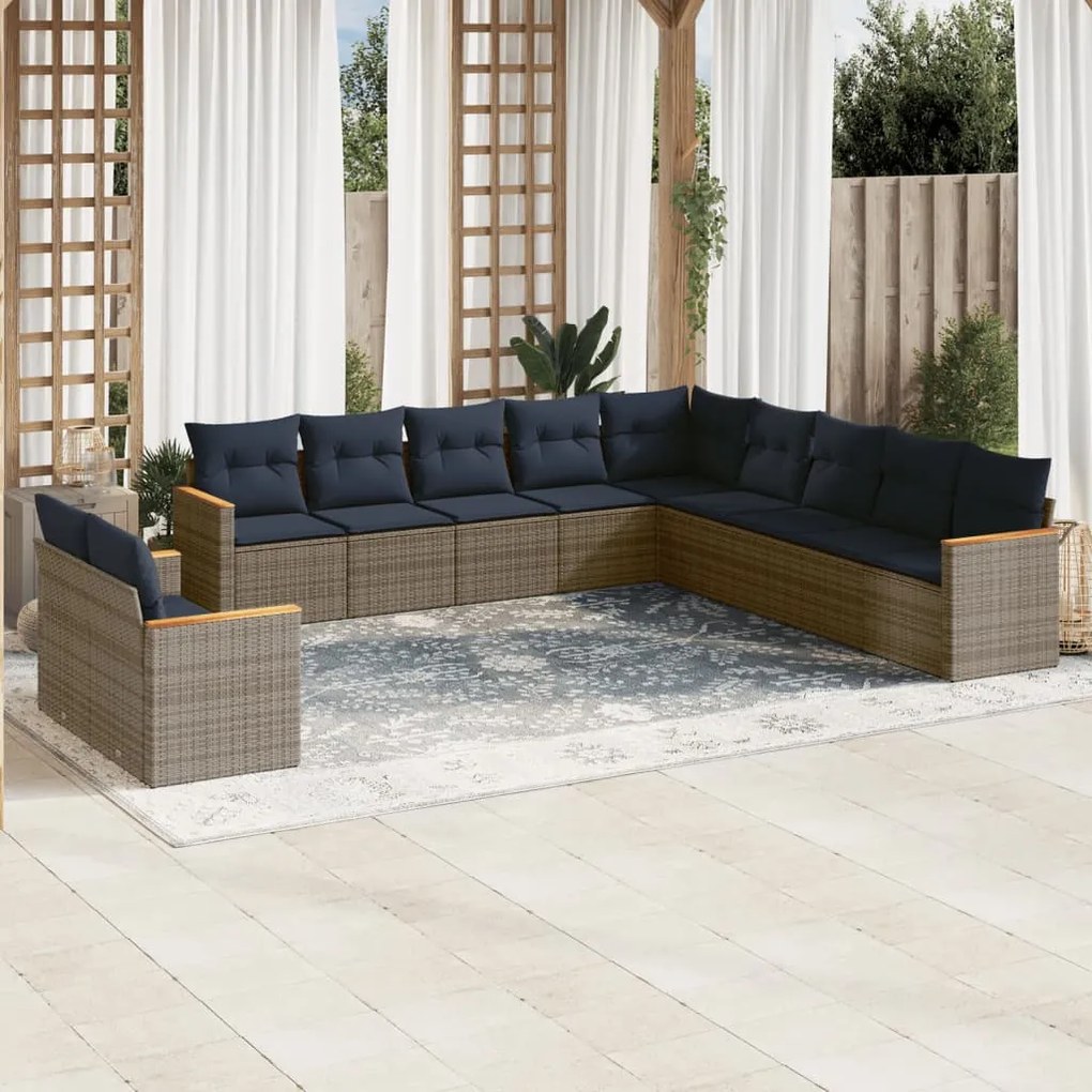 vidaXL 11 pcs conjunto sofás de jardim c/ almofadões vime PE cinzento