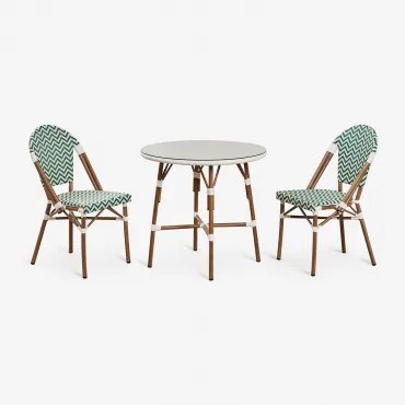 Conjunto De Mesa Redonda Ø80 Cm E 2 Cadeiras De Jantar Empilháveis Em Alumínio Brielle Bistro Verde Couve - Gardénia Branco - Sklum