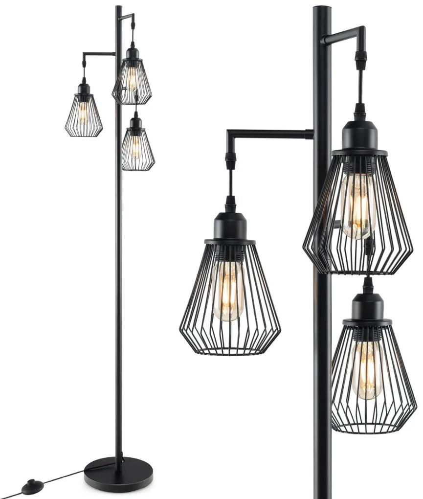 Candeeiro de pé industrial de 168 cm de altura com 3 abajures Birdcage, interrutor de chão e base para sala de estar, quarto, escritório, preto