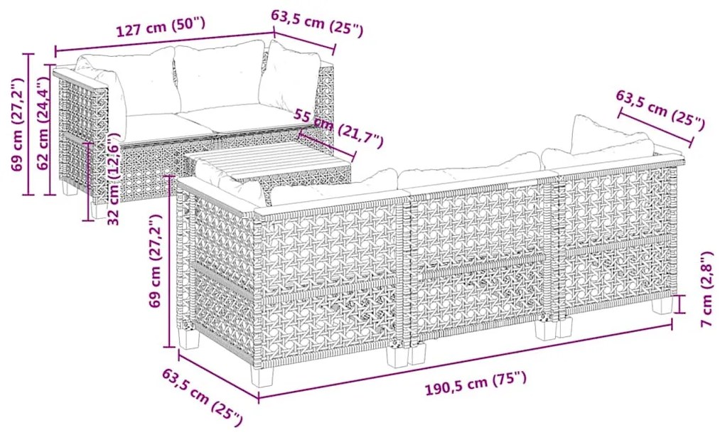 6 pcs conjunto de sofás p/ jardim com almofadões vime PE bege