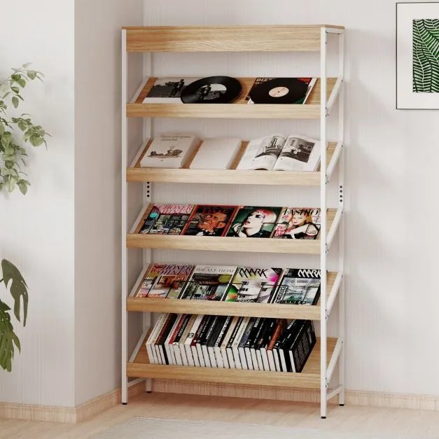 Estante de 6 níveis 90 x 30 x 161 cm inclinada com estrutura metálica resistente de madeira natural