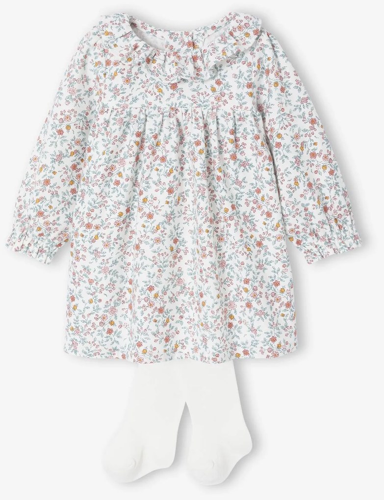 Conjunto recém-nascido, vestido estampado com flores + collants. cru