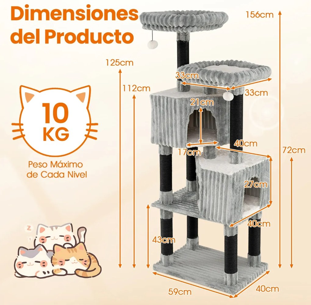 Arranhador para gatos com vários níveis 59 x 40 cm x 156 cm com com 2 camas, postes para arranhar Bolas suspensas Cinza