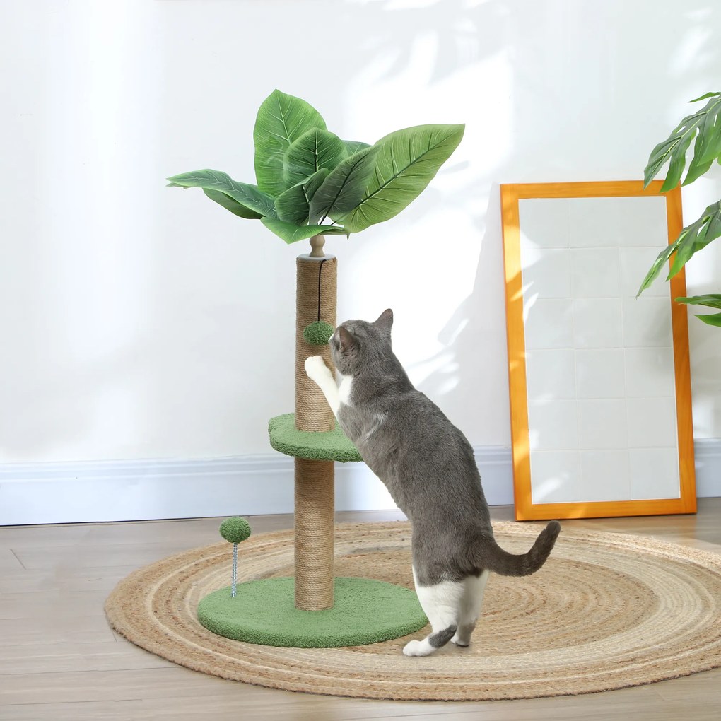 Arranhador para gatos de escalada, altura 83 cm, com arranhador de juta, bolas de brincar e plataformas de pelúcia verde