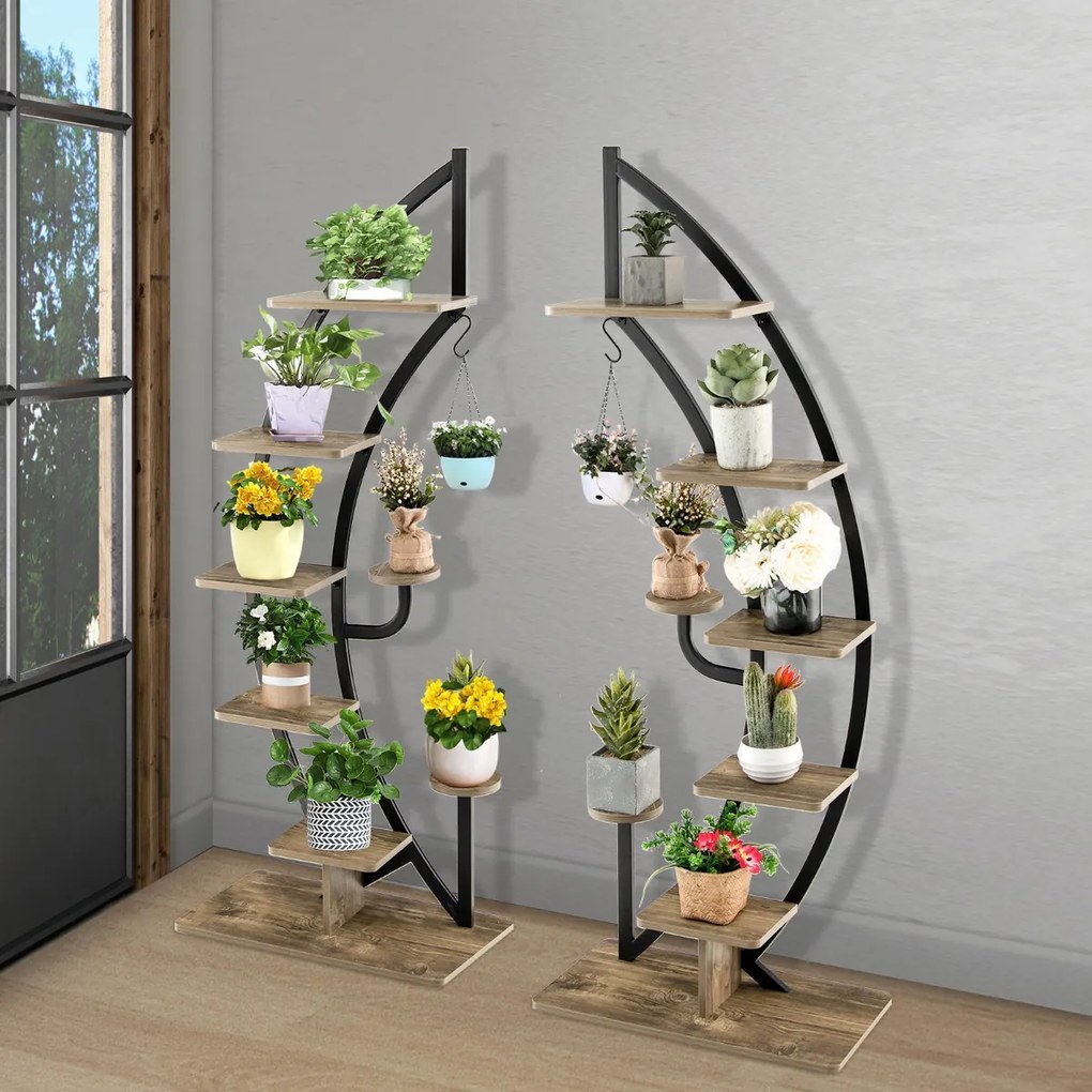 Suporte de metal para plantas com 6 níveis e 9 vasos, prateleira de exposição com gancho - Branco