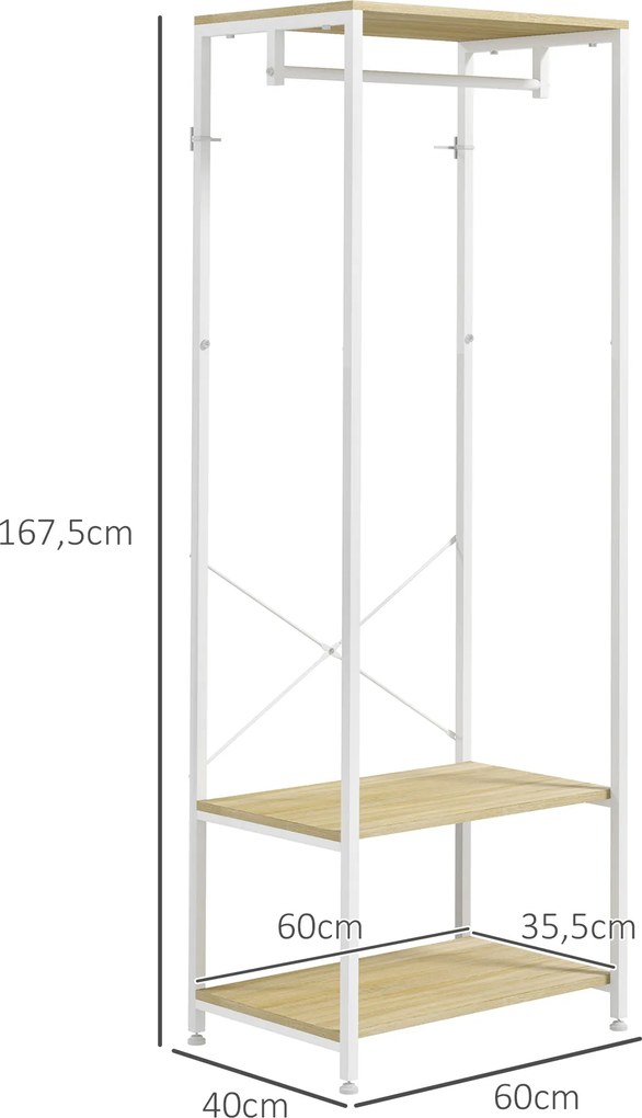 Guarda roupa aberto com varão e 2 prateleiras para sapatos 60 x 40 x 167,5 cm Aspecto de madeira clara e metal branco