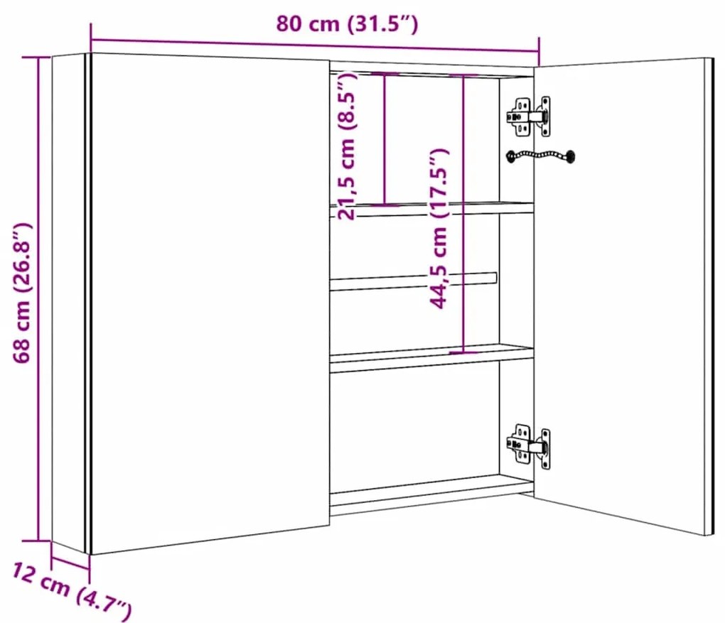 Armário espelhado para casa de banho com LED 80x12,2x68 cm