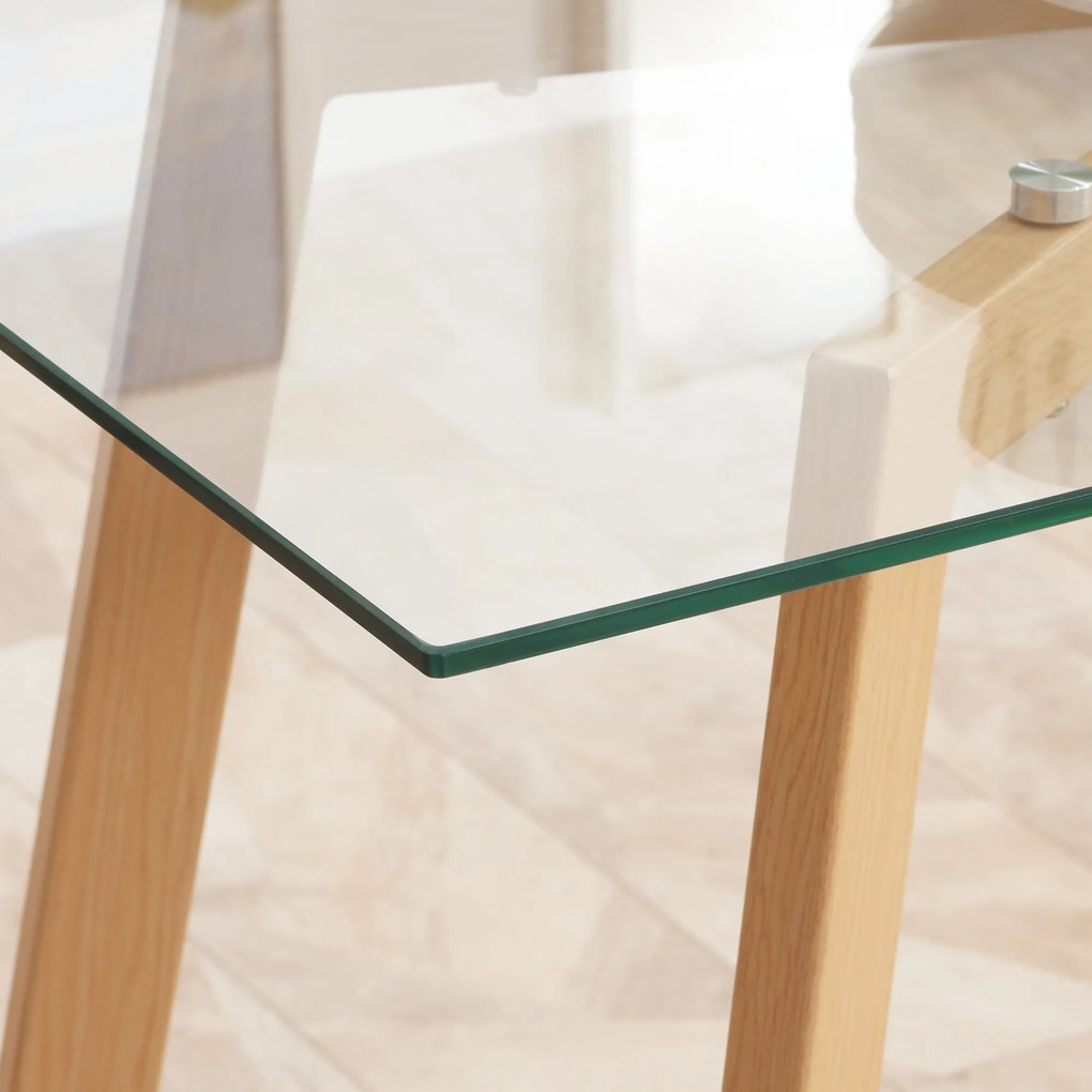 HOMCOM Mesa de Jantar para 4 Pessoas Mesa de Cozinha Moderna com Bancada de Vidro Temperado e Pés de Aço com Efeito de Madeira para Sala de Jantar 120x60x76cm Transparente e Madeira