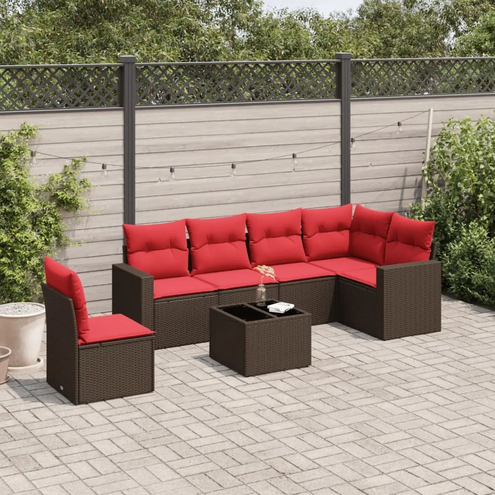 7 pcs conjunto de sofás jardim c/ almofadões vime PE castanho