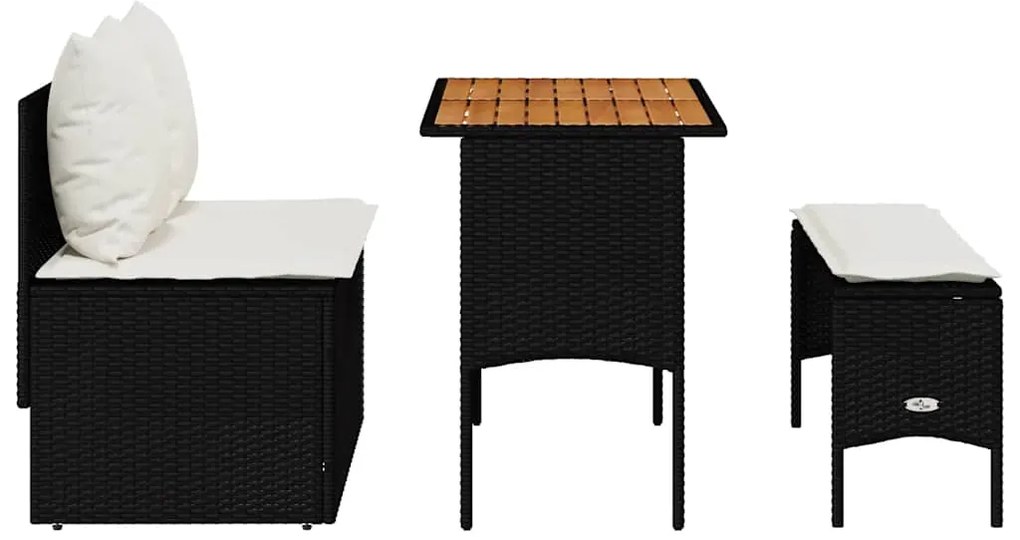 3 pcs conjunto de jantar p/ jardim c/ almofadões vime PE preto