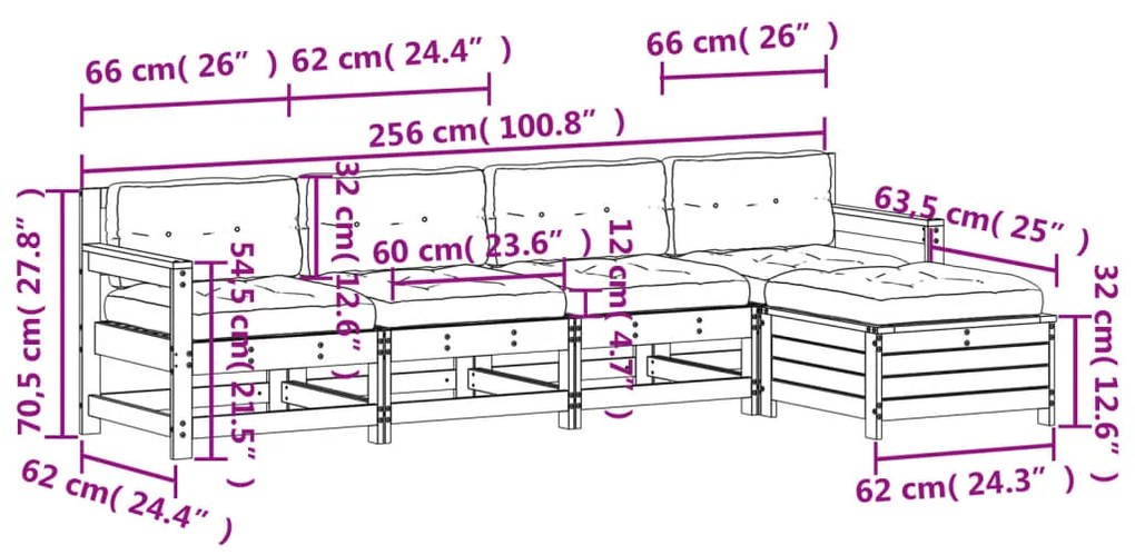 5 pcs conjunto lounge de jardim c/ almofadões pinho impregnado