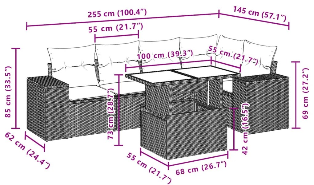 6 pcs conjunto de sofás jardim c/ almofadões vime PE castanho