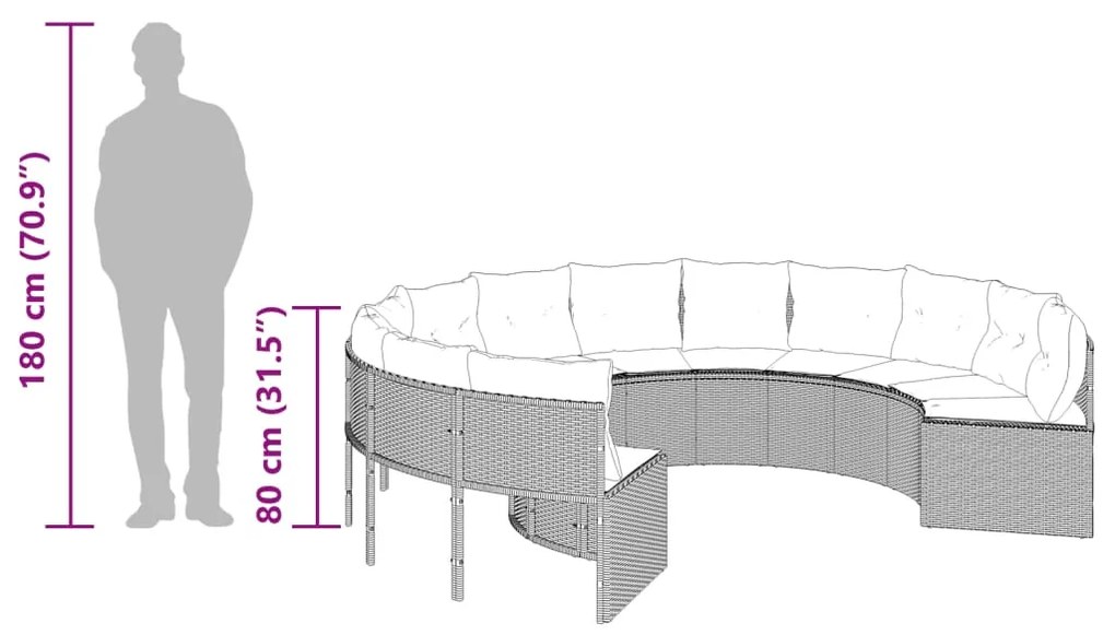 Sofá de jardim com almofadões redondo vime PE preto