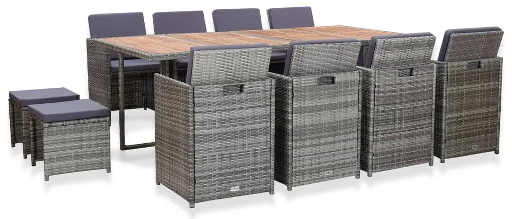 13 pcs conjunto jantar exterior vime e madeira acácia antracite