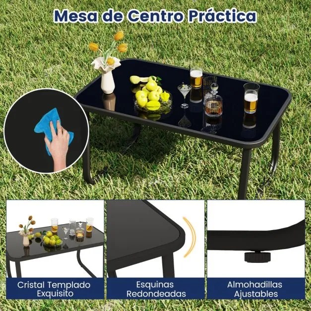 Móveis de jardim exterior 4 peças 2 cadeiras de baloiço e sofá de 2 lugares com mesa com tampo de vidro azul marinho