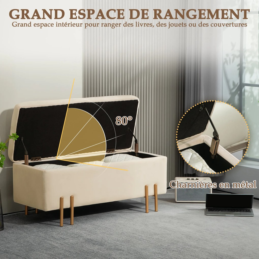 Banco com arrumação e baú de arrumação de design contemporâneo - espaço de arrumação em veludo bege com base em metal dourado
