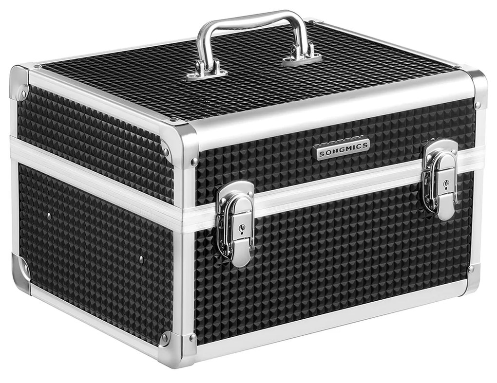 Estojo de maquiagem SONGMICS, estojo de cosméticos com trava, organizador de cosméticos de viagem para cabeleireiros e maquiadores, com bandeja removível, preto JBC328B01