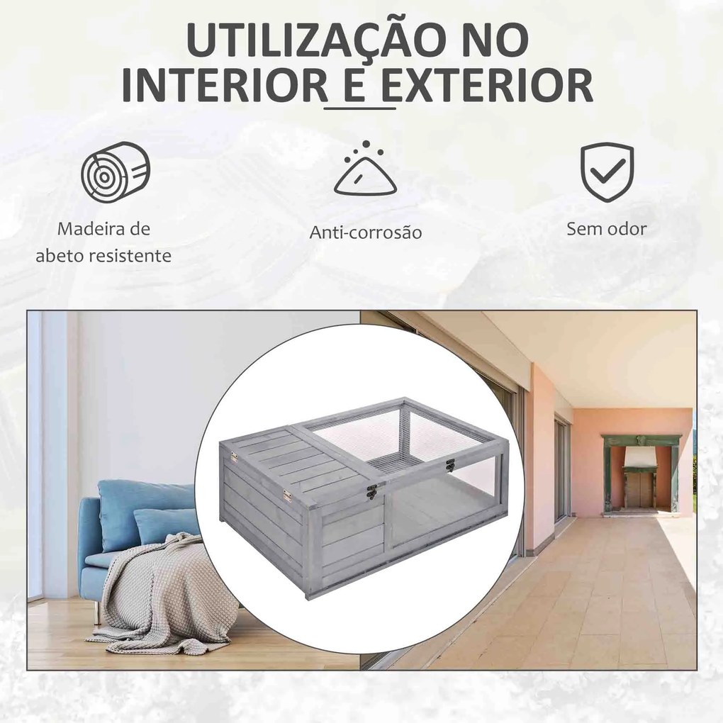 Terrario para Reptéis Casa para Tartarugas de Madeira com Painéis Laterais Transparentes e Trava 91x60,5x32 cm Cinza