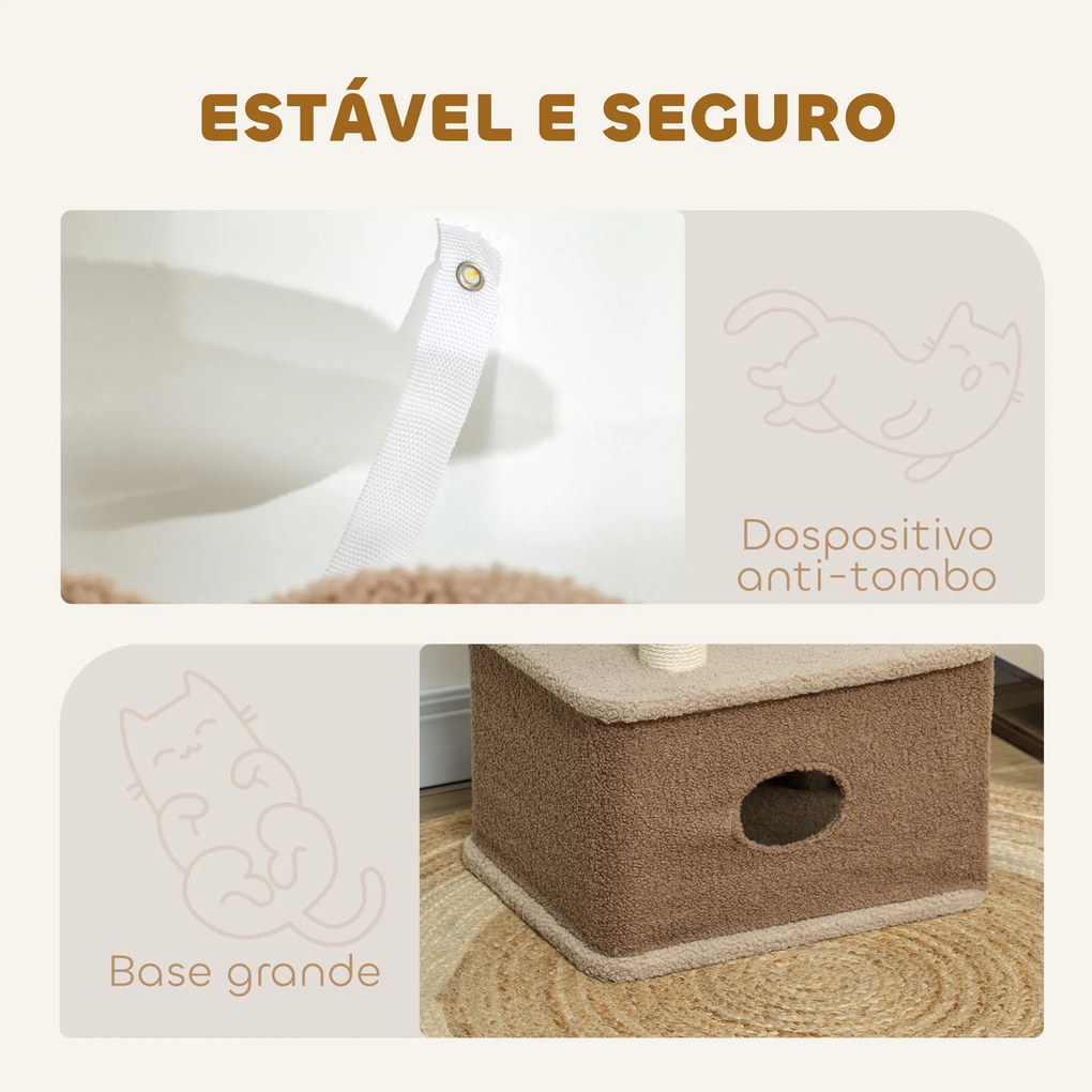 Arranhador para Gatos com Cama Caverna Plataformas Bola Suspensa e Poste de Juta 48x40x133 cm Castanho