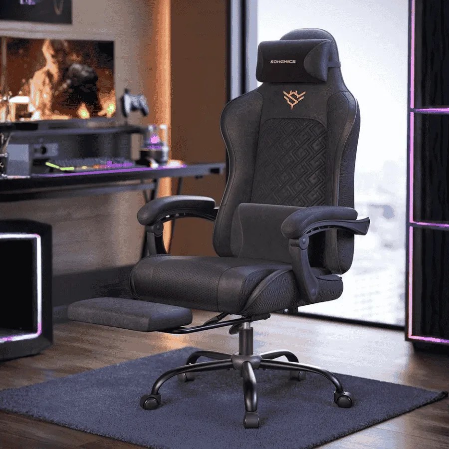 Cadeira ergonómica gaming/escritório com apoio para os pés e almofada de molas Preta