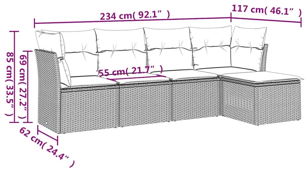 5 pcs conj. sofás jardim c/ almofadões vime PE cinzento-claro