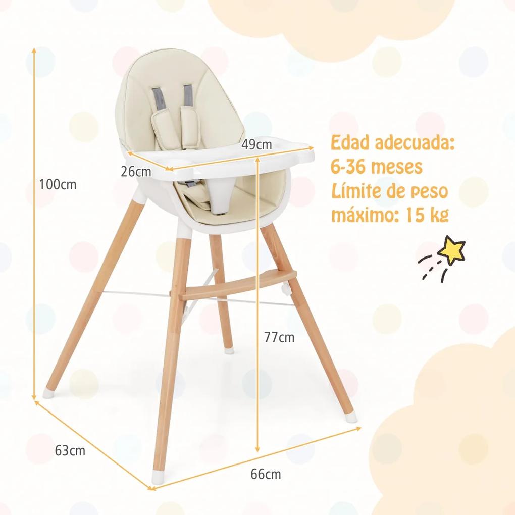Cadeira refeição alta para bebe com bandeja Almofada de assento removível Arnês de 5 pontos 66 x 63 x 100 cm Bege