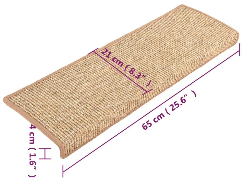 Tapetes de escada autoadesivos 15 pcs 65x21x4 cm castanho-claro