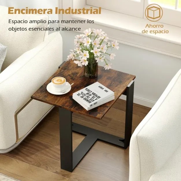 Mesa cabeçeira, Mesa apoio 50 x 50 x 50 cm com base em metal em forma de T para espaços pequenos para sala de estar ou quarto Castanho e preto