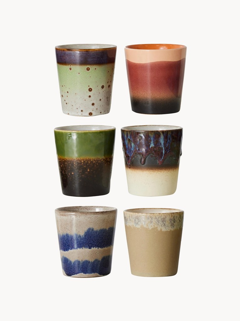 Canecas pintadas à mão com vidrado reativo 70's, 6 uni.