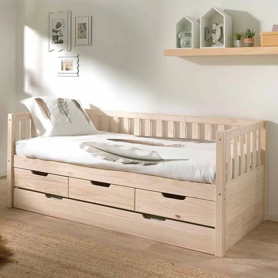 Cama infantil FRITZ (90x200) com 3 gavetas + Gaveta inferior + Estrado Natural