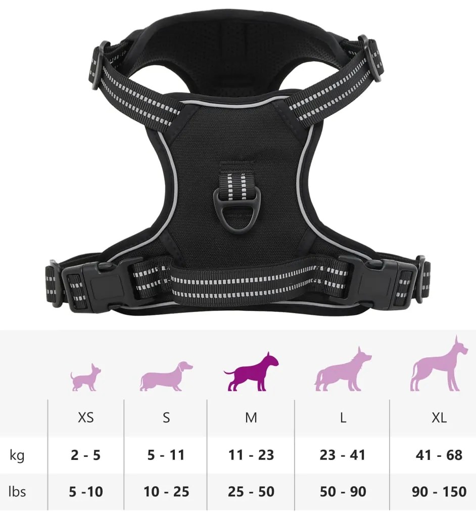 Peitoral para cães com faixas refletoras ajustável M preto
