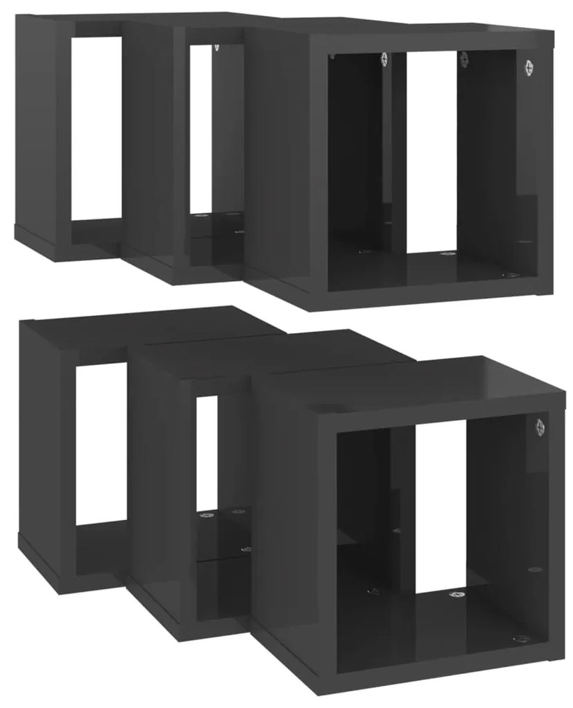 Prateleiras parede forma de cubo 6 pcs 22x15x22 cm cinza brilh.