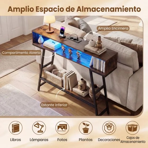 Mesa consola com luz LED e base de carregamento 100 x 20 x 86,5 cm, 3 níveis, com compartimento e prateleira, para corredor, entrada ou sala de estar,