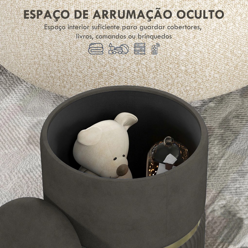 Banco de Armazenamento para Dormitório Puff de Arrumação Estofado em Veludo com Pés Antiderrapantes Ø36x44 cm Cinza