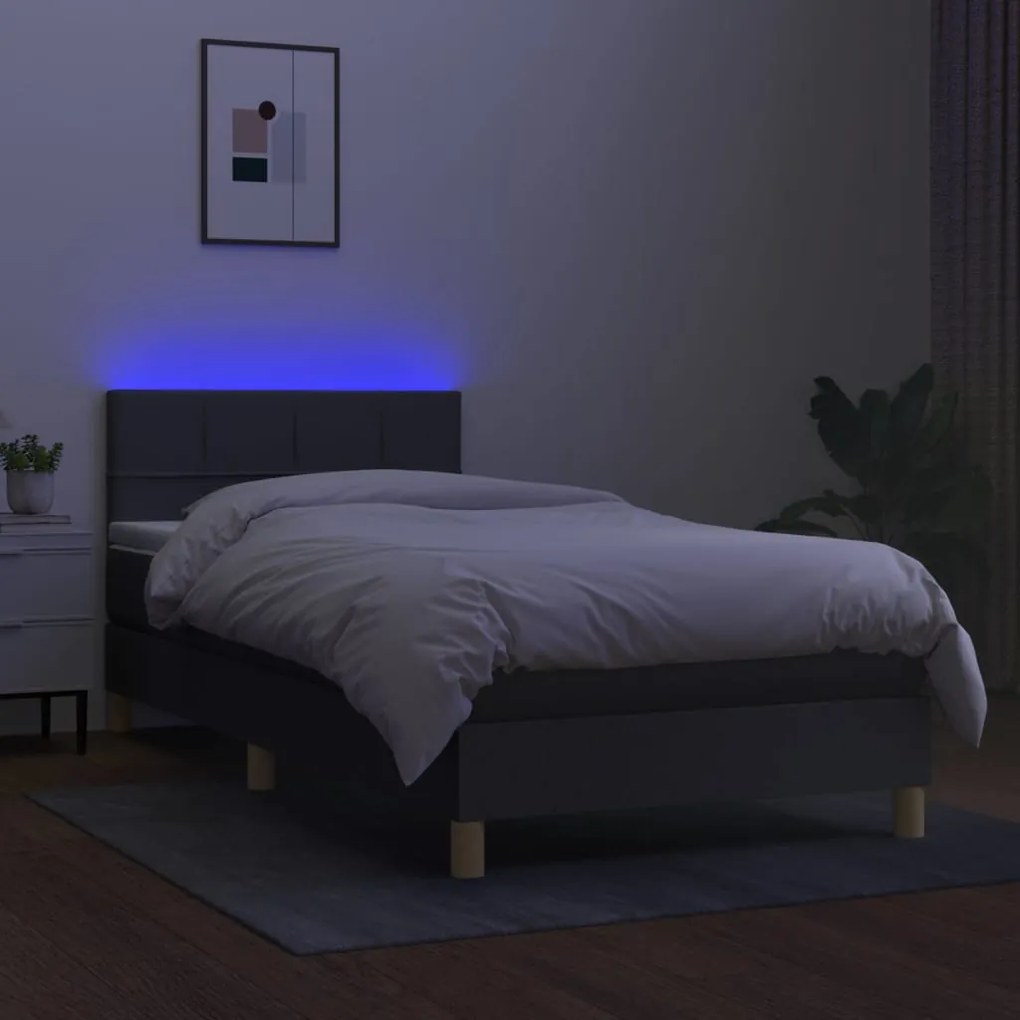 Cama box spring c/ colchão e LED 90x200 cm tecido cinza-escuro