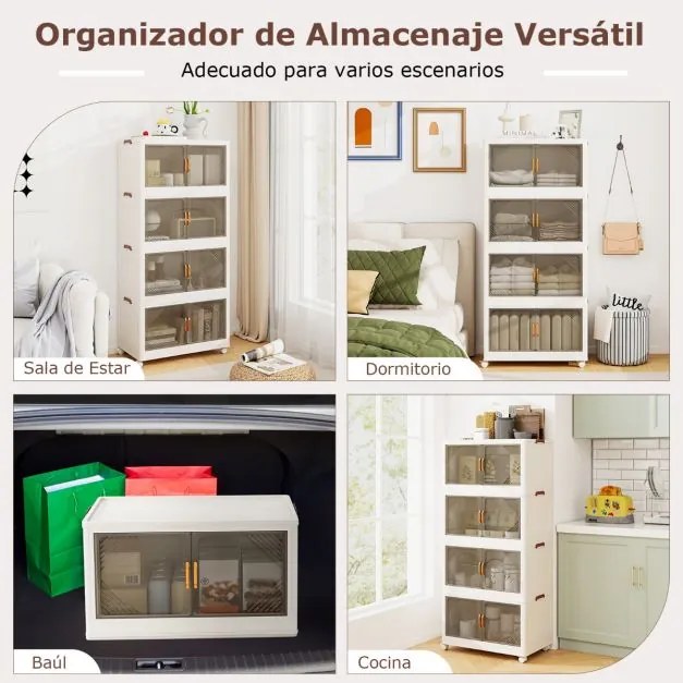 4 Caixas de armazenamento 284 L com tampa empilháveis com rodas e portas Organizador dobrável para quarto Branco