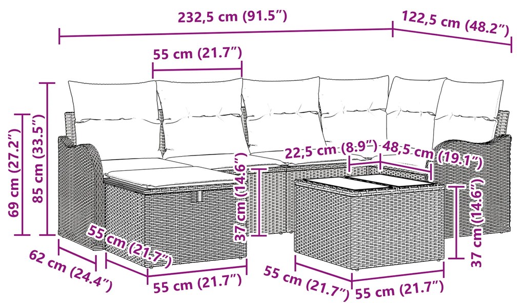 Conjunto de Sofá de Jardim vidaXL de 7 Peças com Almofadas Bege Rattan