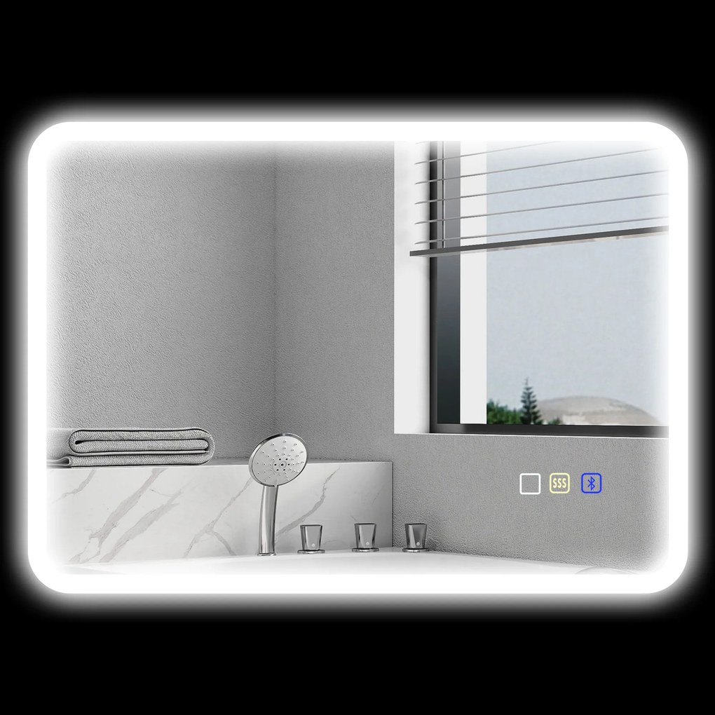Espelho de casa de banho LED com Bluetooth, 50 x 70 cm, interruptor tátil, iluminação regulável, 3 cores, anti-embaciamento, memória, prateado
