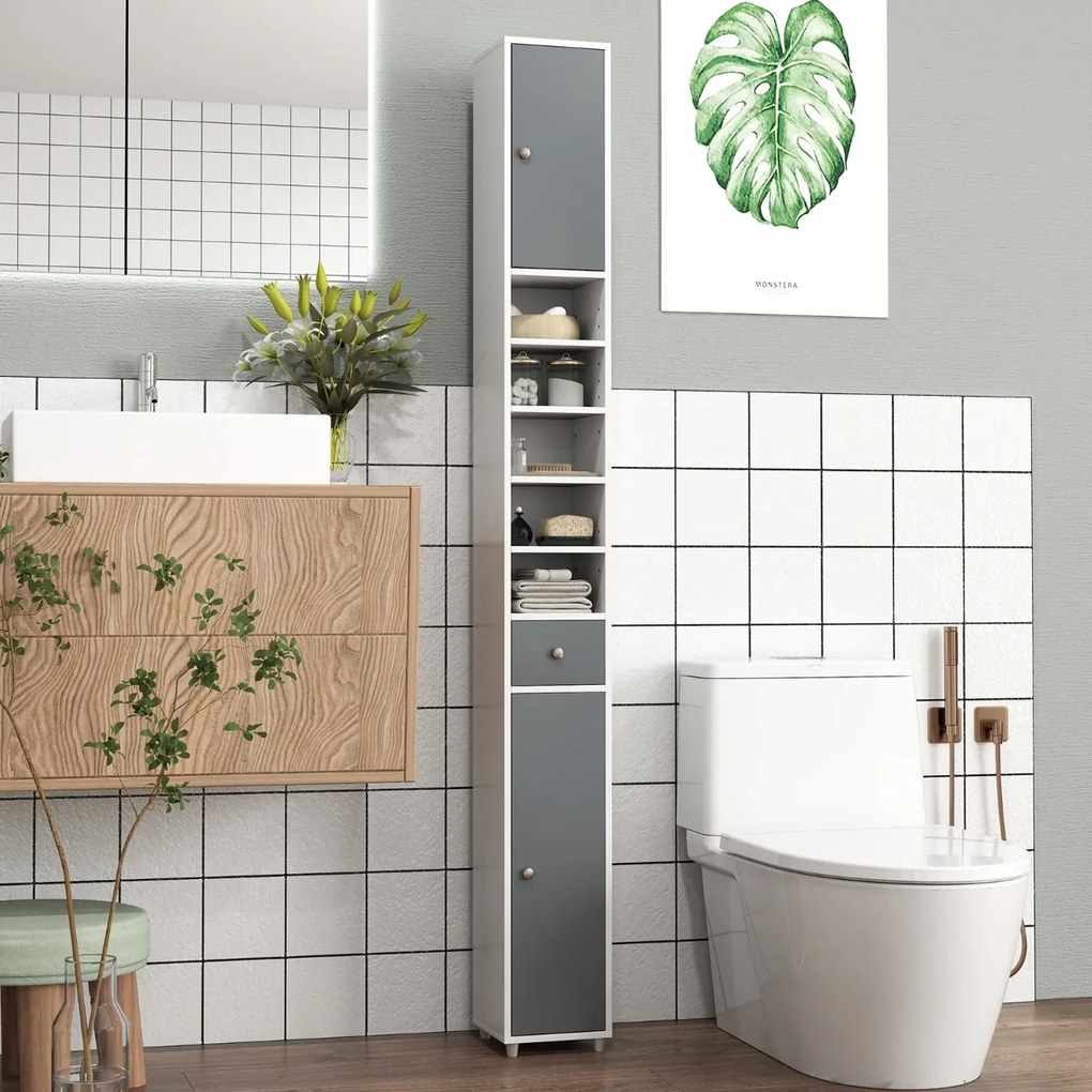 Armário de casa de banho alto e estreito com 2 portas, 1 gaveta e 5 prateleiras ajustáveis 20x20x180 cm cinza e branco