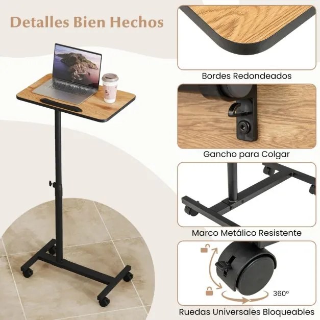 Mesa Auxiliar em Forma de C de Altura Ajustável com Tampo Inclinável Para Computador Giratória 360° para Espaços Pequenos Castanho