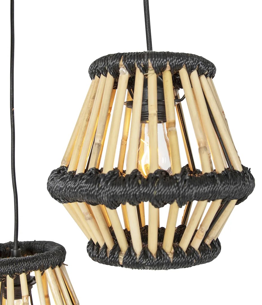 Candeeiro de suspensão oriental em bambu com 3 luzes redondas pretas - Evalin Oriental