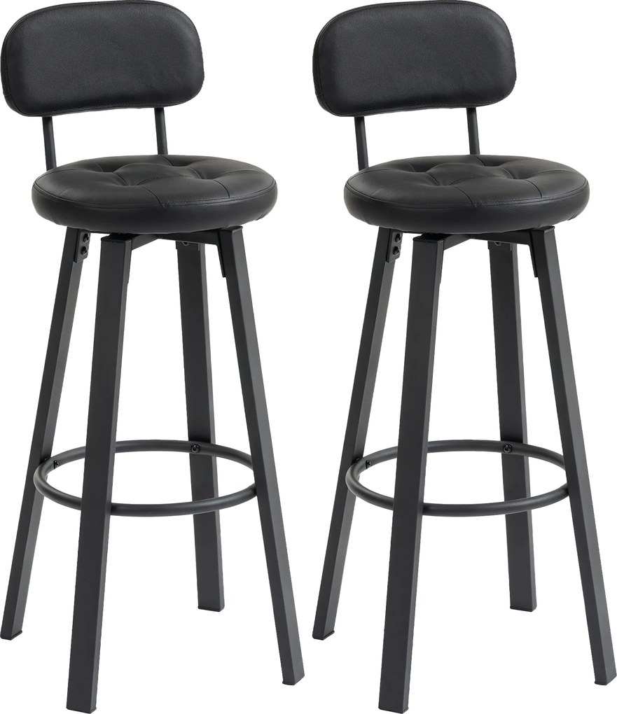 HOMCOM Conjunto de 2 banquetas de bar, revestimento em couro sintético, assento estofado, apoio para os pés, encosto, estrutura metálica, preto | Aosom Portugal