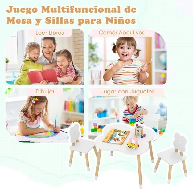 Conjunto de Mesa Flor com Jogo e Atividades em Madeira e 2 Cadeiras Infantis em Pinho Maciço para Crianças com mais de 3 anos Branco e Natural