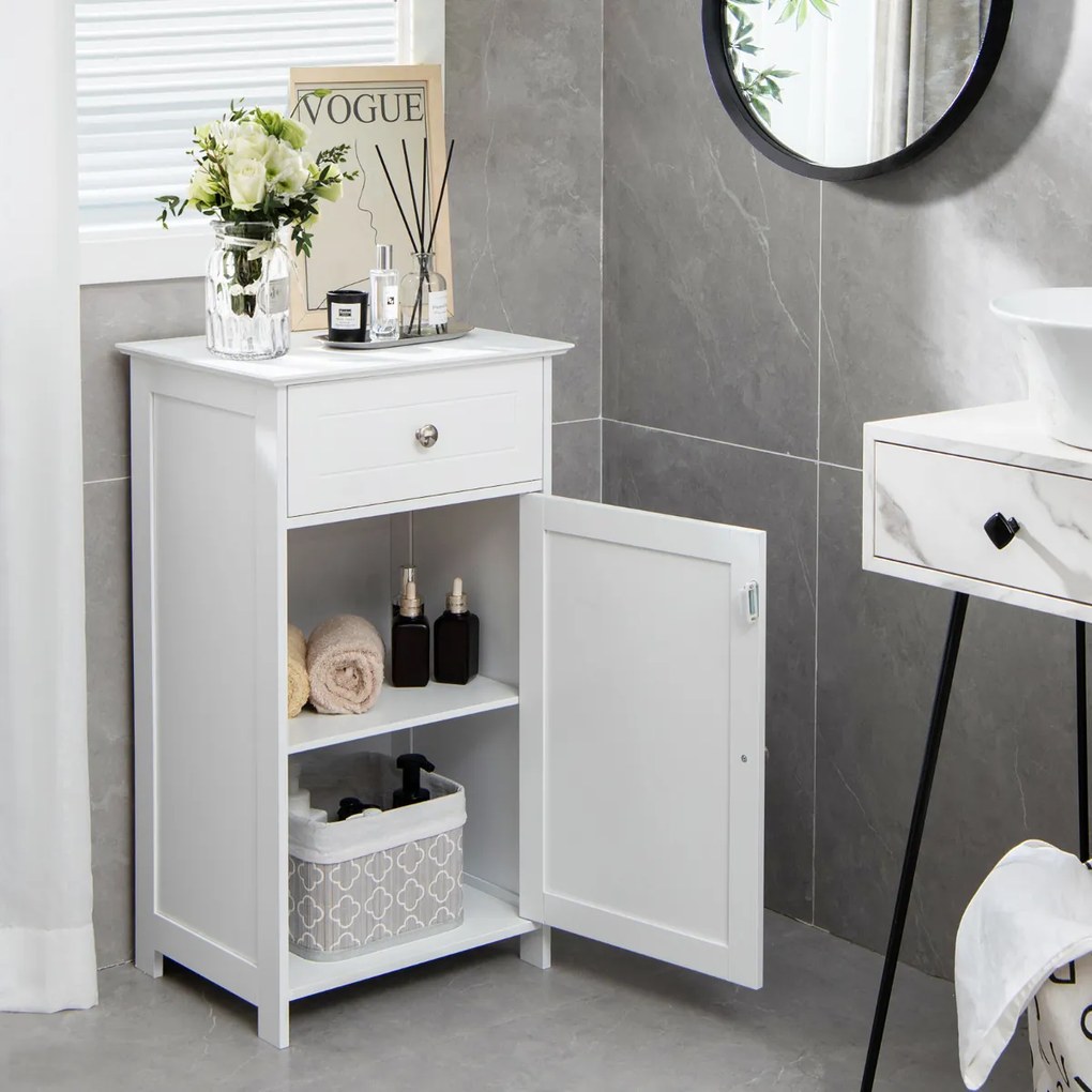 Armário de casa de banho com porta Estante ajustável Gaveta 43 x 34 x 77 cm Branco