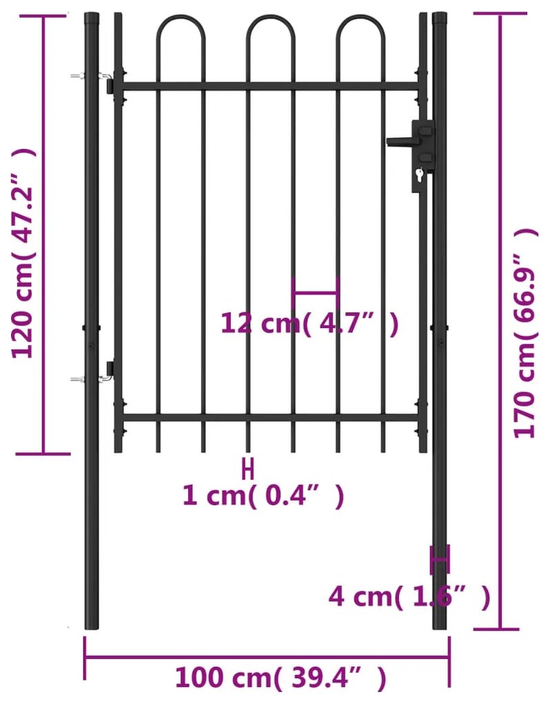 Portão de vedação individual com topo arqueado aço 1x1,2m preto