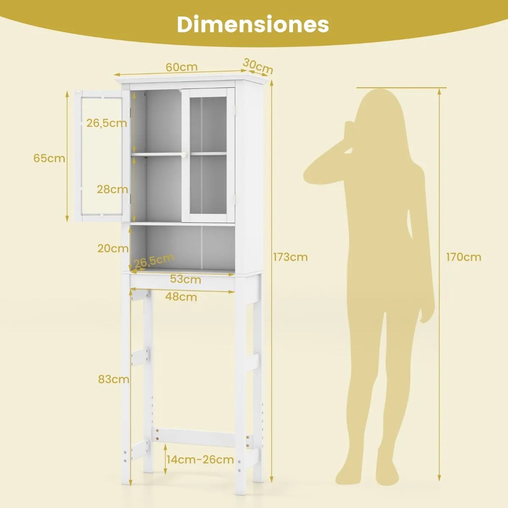 Armário organizador para casa de banho para cima da sanita com prateleira regulável e portas de vidro duplo 60 x 30 x 173 cm branco