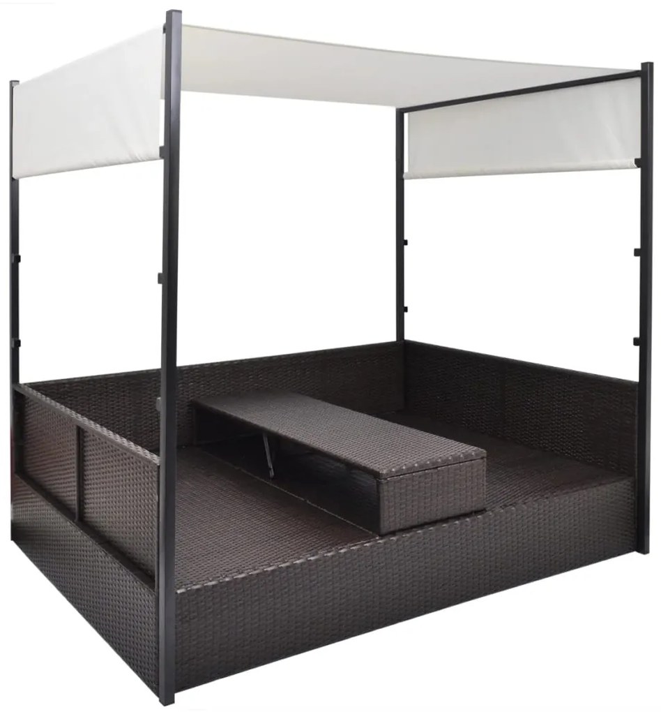 Espreguiçadeira de jardim com toldo 190x130 cm vime PE castanho