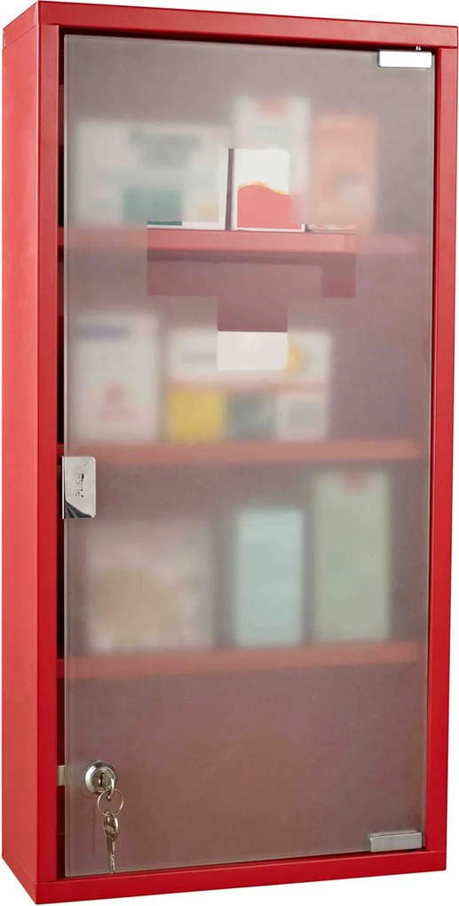 Armário de medicamentos com 3 prateleiras e 4 níveis 30 L x 12 L x 60 A cm, com fechadura, porta em vidro temperado fosco, logótipo «Croix», aço verme