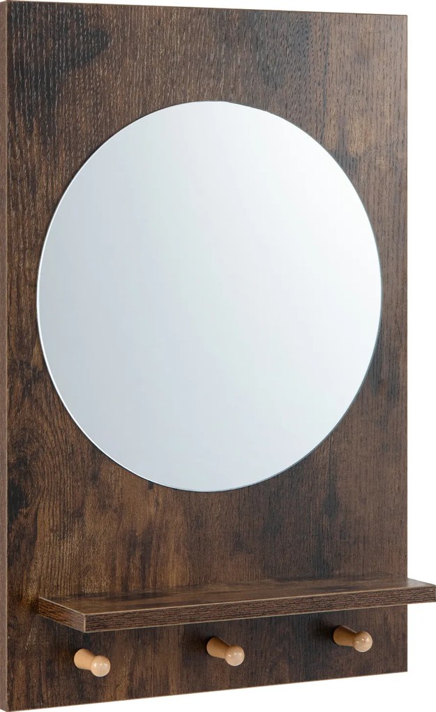 Espelho de Parede Circular com Estante e Ganchos, 39,5 x 12 x 59,5 cm, Estante Aberta e 3 Ganchos, Castanho